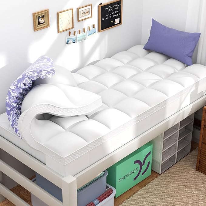 ChiXpace Dual Layer Memory Foam Twin XL Mattress Topper - 3 Inch Cooling Pillow Top Cover Rayon and 2 Inch Gel Egg Crate Foam, Twin XL Extra Long College Dorm Room Essentials (Cream)