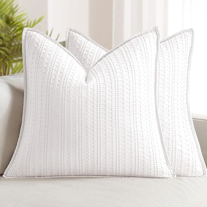 Set of 2 Decorative 100% Cotton Waffle Throw Pillow Covers 20x20, Neutral Euro Shams Weave European Cushion Cases for Couch Sofa Bed Modern Farmhouse Home Decor, White
