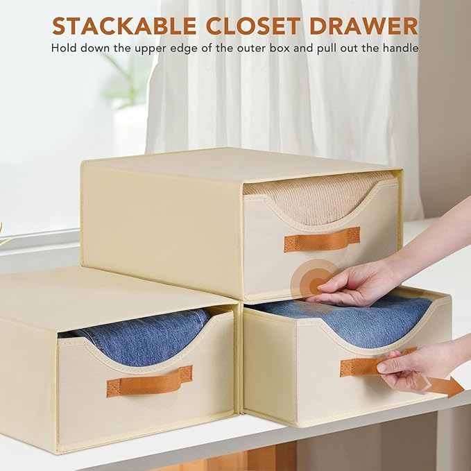 6 Pcs 16.5" Closet Drawers and Large Size Clothes Storage Bins Push-Out Storage Stackable Shelf Drawers with See-Through Window Closet Organizers for Bedroom, Living Room, Under Bed, Beige