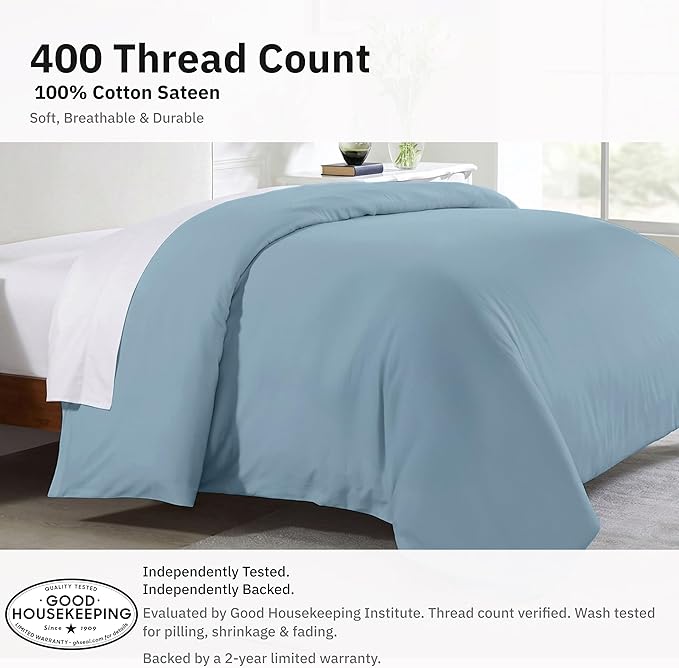King Size Duvet Cover Only - Premium 400 Thread Count, Natural 100% Cotton Duvet Cover King, Soft Sateen Weave, Button Closure and Corner Ties - Sky Blue