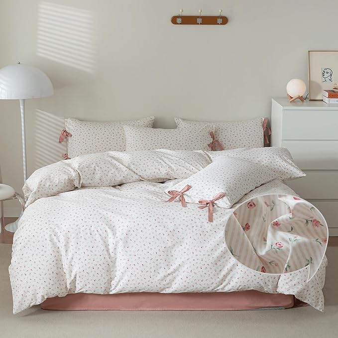 VM VOUGEMARKET Full Duvet Cover Set,3 Pieces Pink Flower Stripes Prints Duvet Cover with 2 Bowknot Pillowcases Vintage Floral Bedding Set Full Size 80"x90",Off-White/Cream