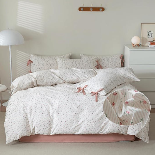VM VOUGEMARKET Full Duvet Cover Set,3 Pieces Pink Flower Stripes Prints Duvet Cover with 2 Bowknot Pillowcases Vintage Floral Bedding Set Full Size 80"x90",Off-White/Cream