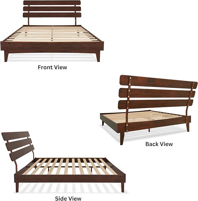 Bme Caden Queen Bed Frame and Adjustable Headboard, 15 Inch Mid Century Retro Style - Solid Acacia Wood - No Box Spring Needed - 12 Strong Wood Slat Support - Easy Assembly - Walnut
