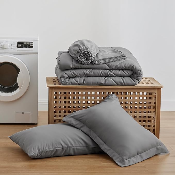 Love's cabin Twin Comforter Set Grey, 5 Pieces Twin Bed in a Bag, All Season Bedding Sets with 1 Comforter, 1 Flat Sheet, 1 Fitted Sheet, 1 Pillowcase and 1 Pillow Sham | Soft, Breathable, Lightweight, Comfortable