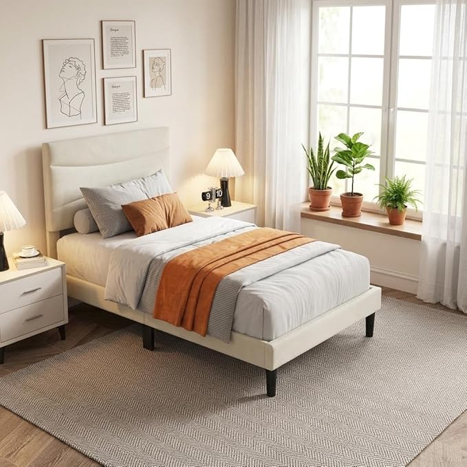 IDEALHOUSE Twin Size Upholstered Platform Bed Frame with Ergonomic Headboard, Beige Soft Fabric, Heavy Duty Wooden Slats, Noise-Free, 6.3" Underbed Storage, No Box Spring Needed, Easy Assembly