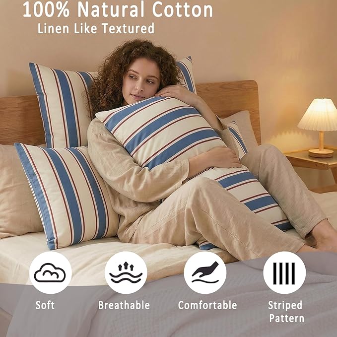 Merryword White and Blue Striped Pillowcases, 100% Cotton Pillow Cases, Queen Size Pillowcases, Luxury Linen Like Pillowcase, Soft Breathable Stripe Pillow Covers, Set of 2