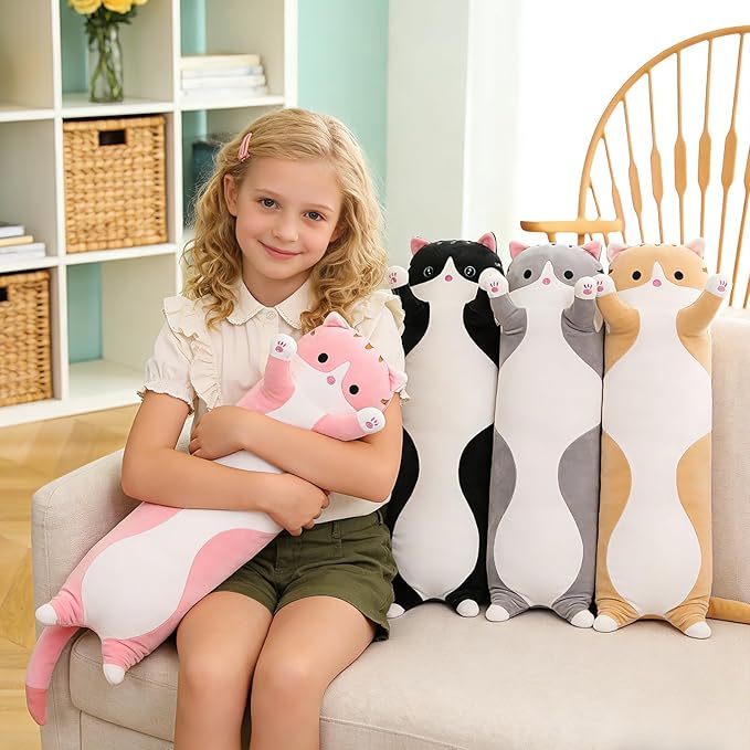 Cute Cat Plush Long Body Pillow – Soft Cartoon Stuffed Animal Doll, Kawaii Cat Plushie Cuddle Toy for Kids, Girls & Girlfriend (Black, 19.7 Inch)
