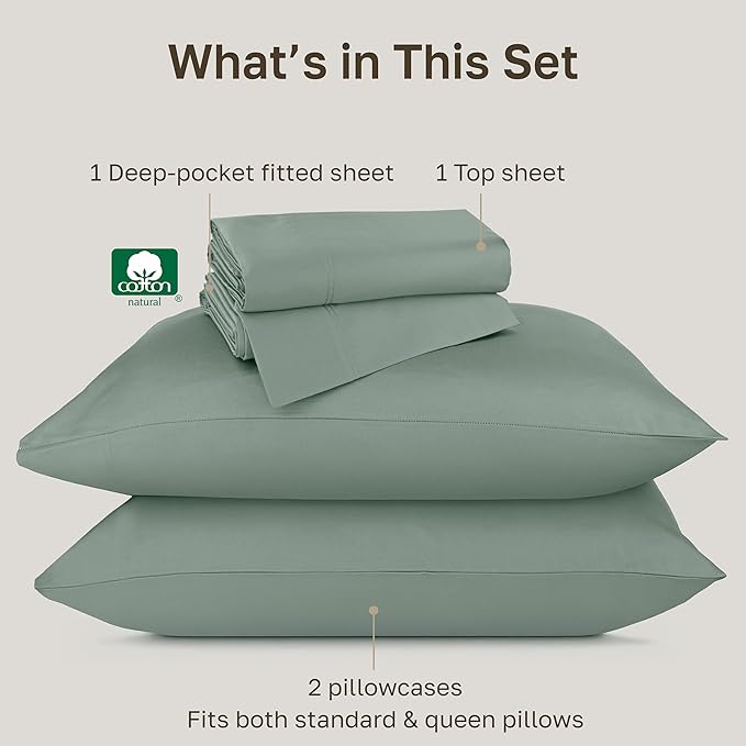 California Design Den Queen Bed Sheets Set - Luxury Hotel 800 Thread Count Sateen, Natural 100% Cotton Queen Size Sheets, Deep Pockets Durable Bedding Set - Sage Green