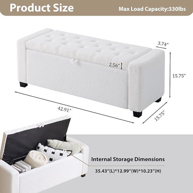 43 Inch Storage Ottoman Bench, Bench for Bedroom End of Bed, Ottoman with Storage for Living Room and Entryway (Teddy White)