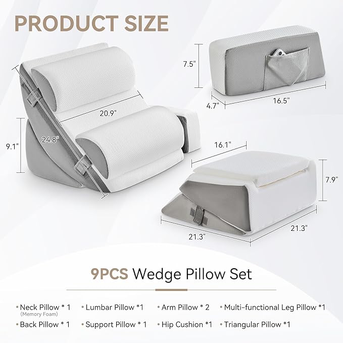 Yojoker 9PCS Orthopedic Bed Wedge Pillow Set for Sleeping, Back and Leg Pain Relief, Post Surgery Foam Pillow for Body, Triangle Adjustable Support Pillow - Acid Reflux Sleeping Pillows