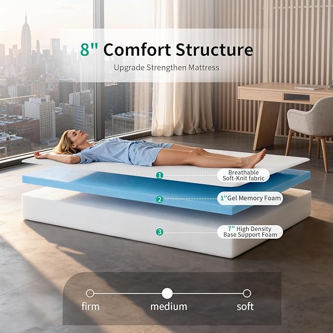 FDW 8 Inch Twin Mattress, Medium Firm Gel Memory Foam, Cooling Ventilated Foam, Pressure Relief, White, Removable Washable Cover, Bed in a Box, CertiPUR‑US Certified