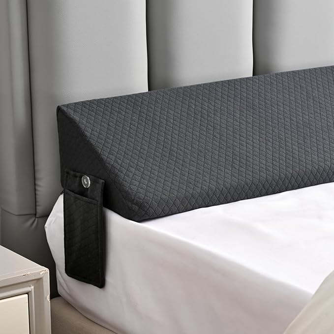 Full Bed Wedge Pillow Headboard & Mattress Gap Filler, Long Triangle Edge Corner Pillows for Sleeping 10x6x54 Inch Dense Foam Grey Pockets, Prevents Toy Drops, Bed Bedroom Accessories Home Collection
