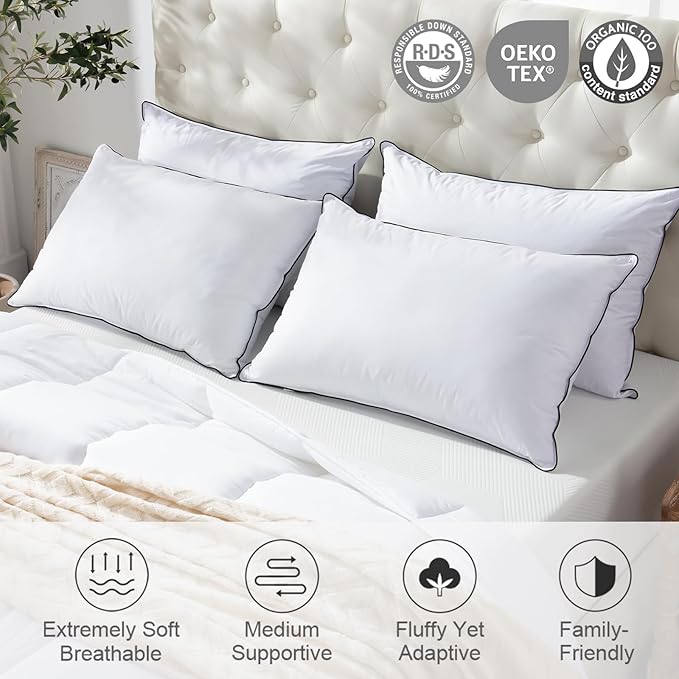 APSMILE Medium Firm Feathers Down Pillow King Size Pack of 1, Luxury Feathers Pillow for Sleeping, 100% Organic Cotton Cover Hotel Collection Bed Pillows for Side Sleeper (White, 20"x36")