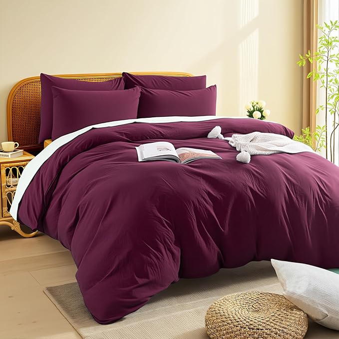 NEXHOME PRO 100% Washed Cotton Duvet Cover King Size, Ogranic Natural Linen Feel Breathable Bedding Set with Zipper Closure, 3 Pieces Duvet Cover Set Wine (No Comfortert) 10490