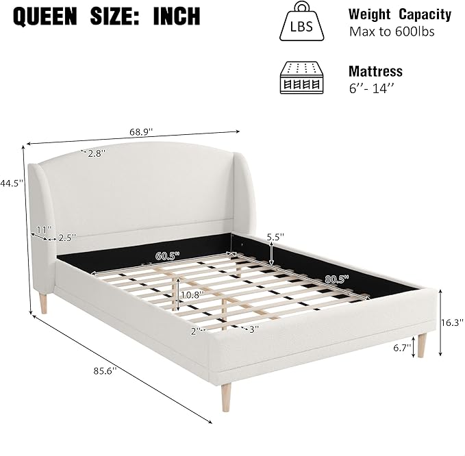 Queen Size Bouclé Upholstered Platform Bed Frame with Wingback Headboard, Rounded Corners, Modern Fabric Bed with Wood Slats Support, No Box Spring Needed, White