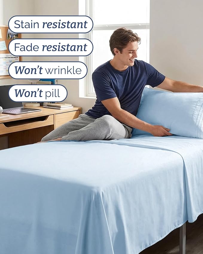 Twin XL 4 Piece Sheet Set - Comfy Breathable & Cooling - Hotel Luxury Bedding for Women, Men, Kids, Teens & Children - 1 Flat & 1 Fitted Sheet & 2 Pillowcases w/ Deep Pockets, Wrinkle Free - Baby Blue