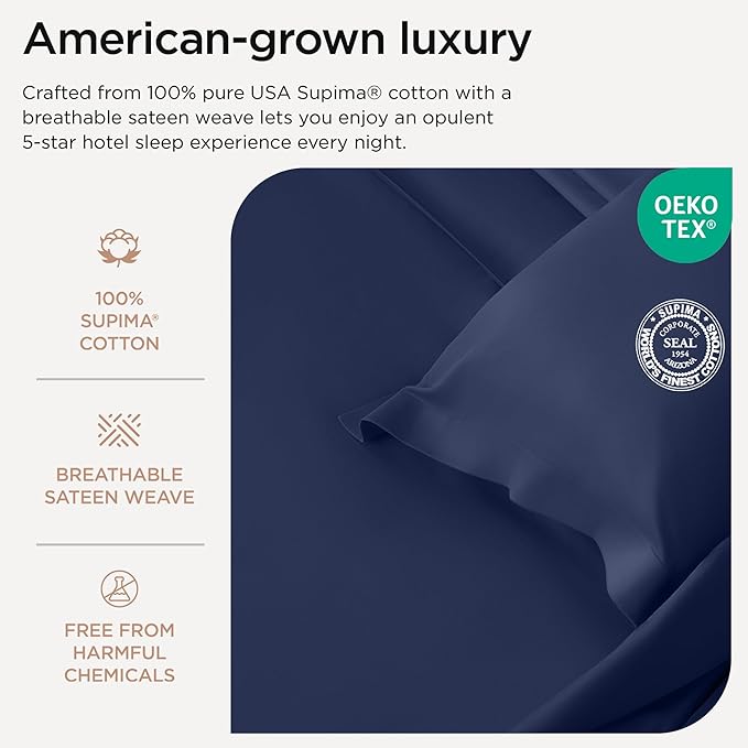 Threadmill King Size Pillow Cases 2 Piece Set | 1200 Thread Count 100% Supima Cotton Pillow Covers, Luxury Smooth Solid Sateen | Folkstone Blue