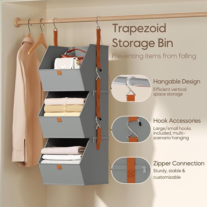 Homsorout Collapsible Hanging Closet Organizer - 3 Tier Closet Shelves Storage System with Hooks, Fabric Hanging Storage Bins for Clothes, Foldable Storage Basket for Laundry, Bedroom, Rv, Grey