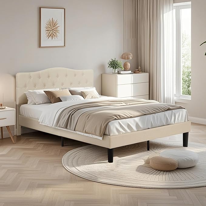 VECELO Full Size Platform Bed Frame with Fabric Upholstered Headboard and Wooden Slats Support, No Box Spring Needed/Easy Assembly,Beige