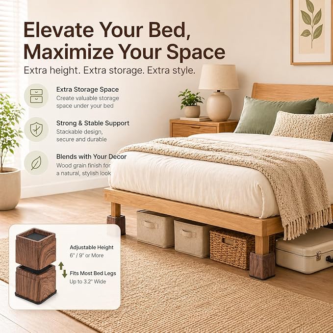 BTSD-home 3 Inch Wood Bed Risers Furniture Risers Bed Frame Lifters in Heights of 3 or 6 Inch Heavy Duty Set of 8 Square