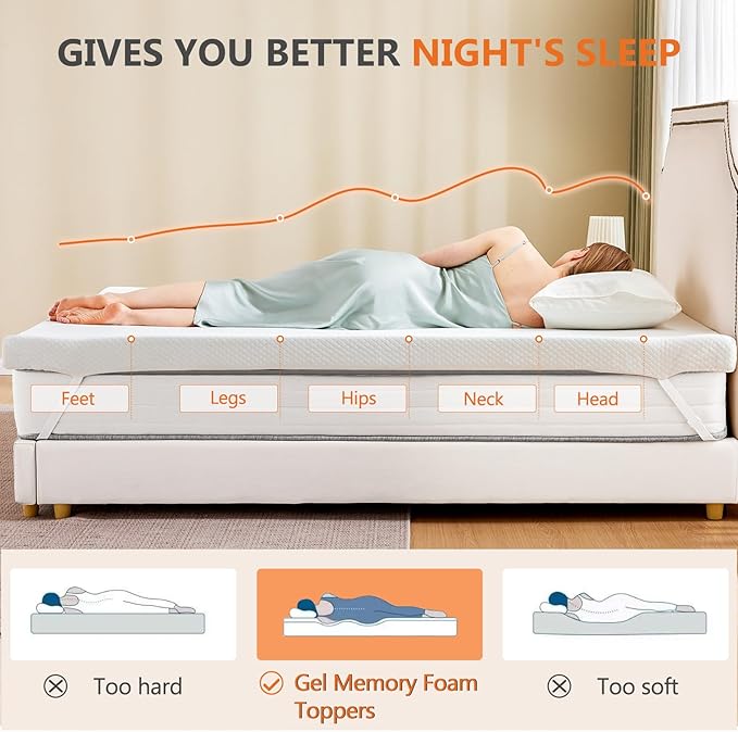 Sweetcrispy Mattress Topper Queen with Removable Soft Cover, Memory Foam 2 Inch Thick Gel Infused Cooling Toppers Pad for Queen Size Bed, Sleeper Sofa, RV, Camper, CertiPUR US Certified