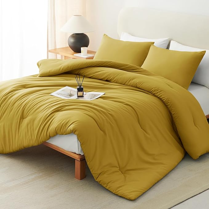 CozyLux Full Size Comforter Set Mustard Yellow, 3 Pieces Solid Breathable Quilted Bedding Sets, Luxury Lightweight Soft Bed Set with Down Alternative Comforter and 2 Pillowcases for All Seasons