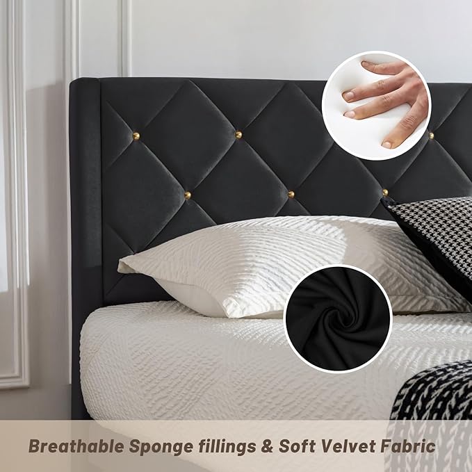 Full Bed Frame with Headboard, Bed Frame Full Size with Sturdy Wooden Slats Support, Platform Frame with Velvet Upholstered Headboard, Mattress Foundation, Easy Assembly, No Box Spring Needed Black
