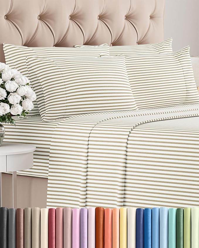 Queen 6 Piece Sheet Set - Comfy, Breathable & Cooling - Soft Hotel Luxury Bedding for Women, Men, Kids, Teens and Children - 1 Flat & 1 Fitted Sheet & 4 Pillowcases with Deep Pockets - Beige Stripes 2