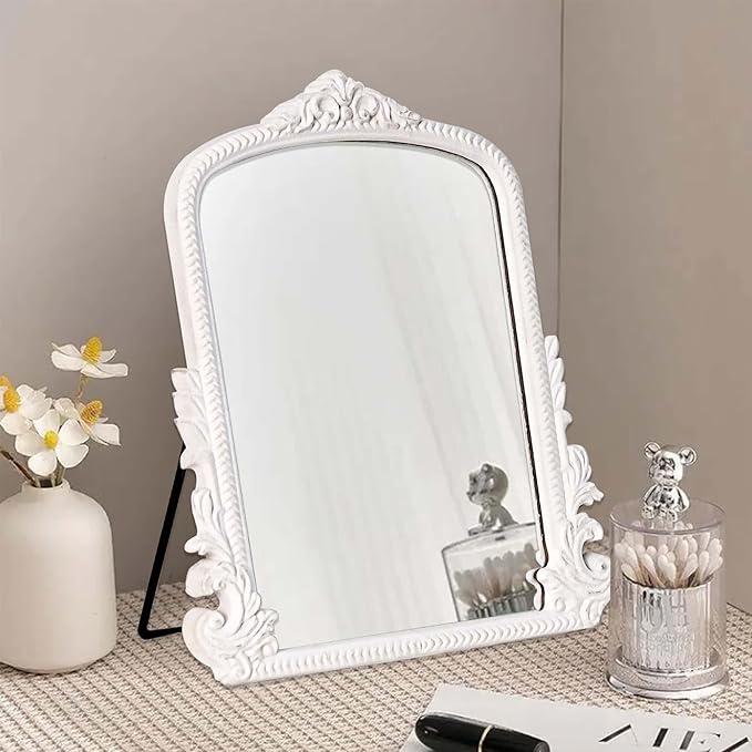 HSDDHOME 11.8" x 9.6" Small White Arched Vanity Mirror, Vintage Makeup Mirror Baroque Style Arendahl Carved Mirror with Frame for Desk Decorative Table Aesthetic for Dresser,Bedroom,Living-Room