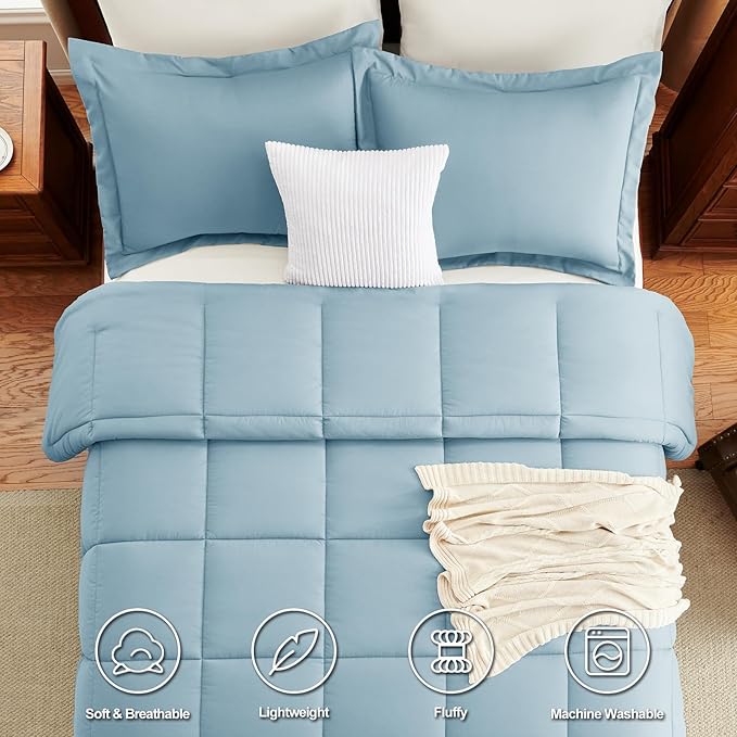 CozyLux Queen Comforter Set - 270GSM Light Blue Bedding Sets for All Seasons, 3 Pieces Box Stitched Bed Set with 1 Down Alternative Comforter and 2 Pillow Shams, Soft, Lightweight, Breathable