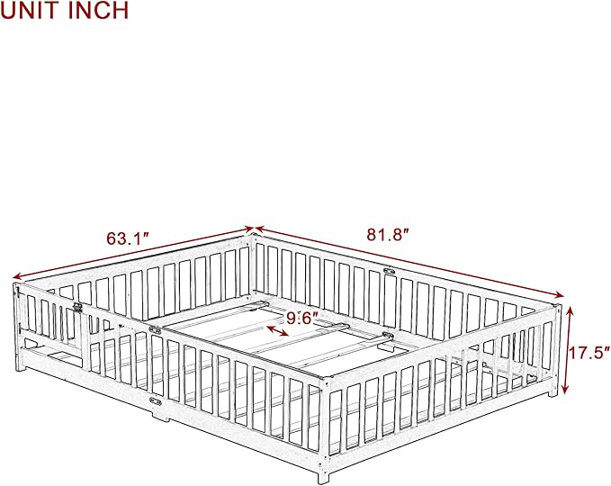 Bellemave Queen Floor Bed Frame with Rails and Door, Solid Wood Montessori Queen Size Floor Bed, Low Profile Montessori Beds with Removable Slats, Espresso