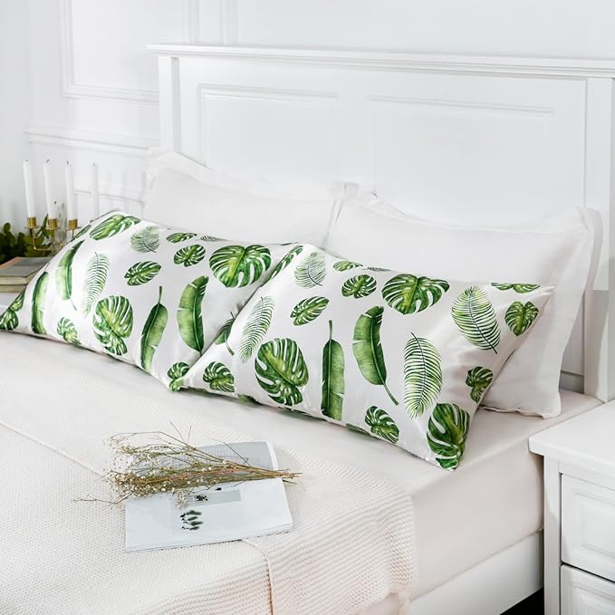 MR&HM Satin Pillowcase for Hair and Skin, Silk Satin Pillowcase 2 Pack, King Size Pillow Cases Set of 2, Silky Pillow Cover with Envelope Closure (20x36, Leaves)