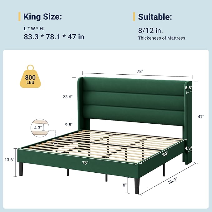 Allewie King Size Platform Bed Frame with Velvet Upholstered Wingback Headboard, No Box Spring Needed, Strong Wooden Slats, Under Bed Storage Space, Modern Mattress Foundation, Easy Assembly, Green