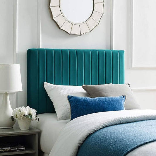 Modway Keira Channel Tufted Performance Velvet Upholstered Twin Headboard in Teal