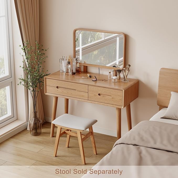 Solid Wood Vanity with Mirror and Lights, Adjustable Brightness, Wood Makeup Vanity with 3 Drawers, Semi-Assembled, Vanity Desk for Bedroom (Natural)