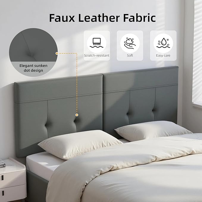 King Headboard Only with Adjustable Metal Legs, Faux Leather Upholstered Headboard King Size, Modern Stylish Headboard with Sunken Dot Design, Sturdy Bed Headboard for Bedroom, Gray