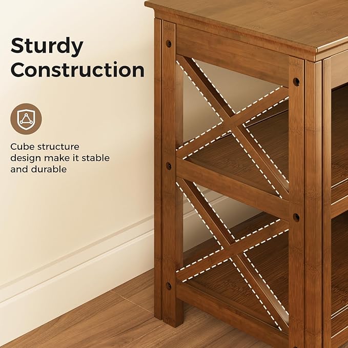 Bamworld Shoe Rack Bench with Storage 3 Tier Bamboo Shoe Bench Entryway Rustic Solid Wood Entryway Bench (X-Brown,31.5")