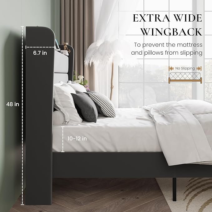 SHA CERLIN King Size Bed Frame with Charging Station, Velvet Upholstered Platform Bed, Wingback Storage Headboard, Type-C & USB Ports, Strong Wooden Slats, No Box Spring Needed, Easy Assembly, Grey