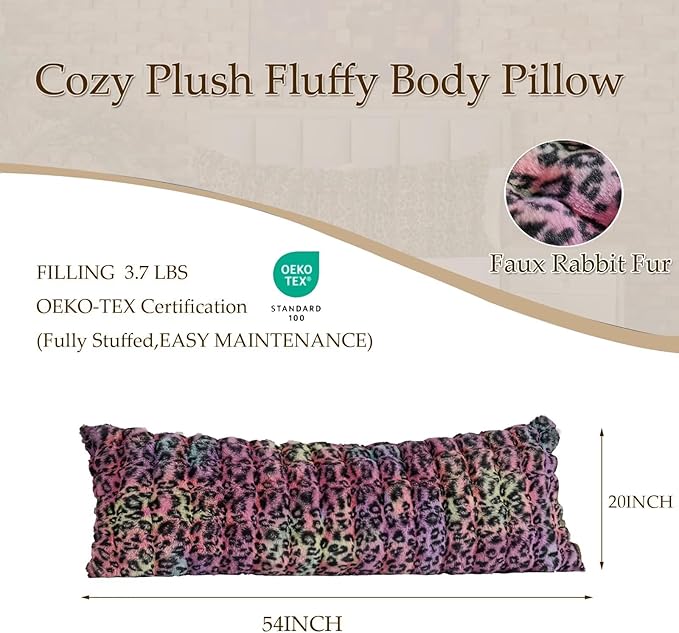 20x54 Fluffy Leopard Print Full Body Pillow,Cheetah Print Plush Fuzzy Faux Fur Body Pillows,Ultra Soft Bed and Sofa Pillow for Side Sleeper & Pregnancy,Furry Long Pillows-Rainbow Leopard
