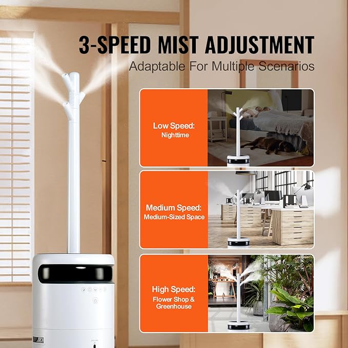 VEVOR Humidifier for Home Large Room 1291.7 sq ft, 16L Commercial Humidifier for Whole House Greenhouse Night Light & 12h Timer & Auto Shut-Off Humidifiers, Commercial Branch Tube w/ 360° Nozzle