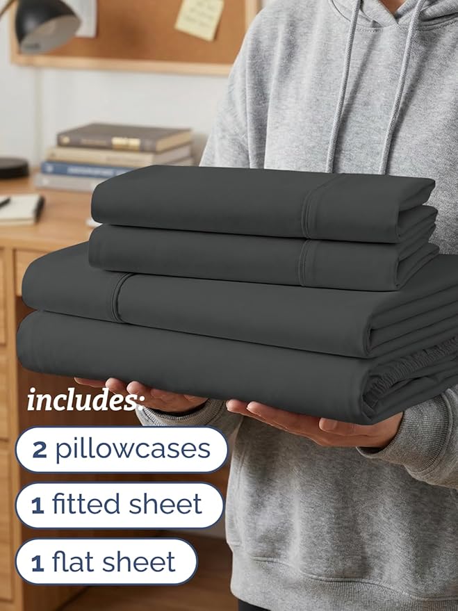 Twin XL 4 Piece Sheet Set - Comfy Breathable & Cooling - Hotel Luxury Bedding for Women, Men, Kids, Teens & Children - 1 Flat & 1 Fitted Sheet & 2 Pillowcases w/ Deep Pockets - Wrinkle Free - Charcoal
