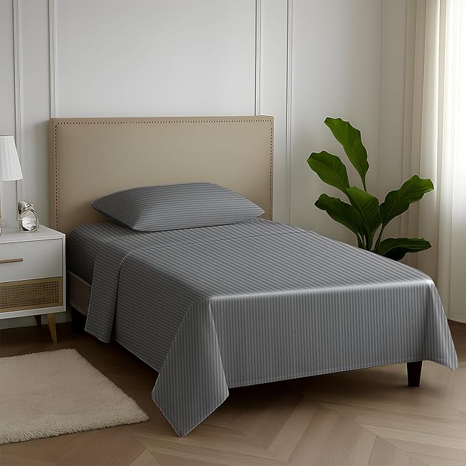 Carressa Linen Luxury Egyptian Cotton Twin Stripe Sheet Set - 600 Series Hydrangeas Collection Extra Long Staple 3 PC Set, Dark Grey Twin Damask Sheets, Sateen Weave Sheets Upto 18 in Deep Pocket