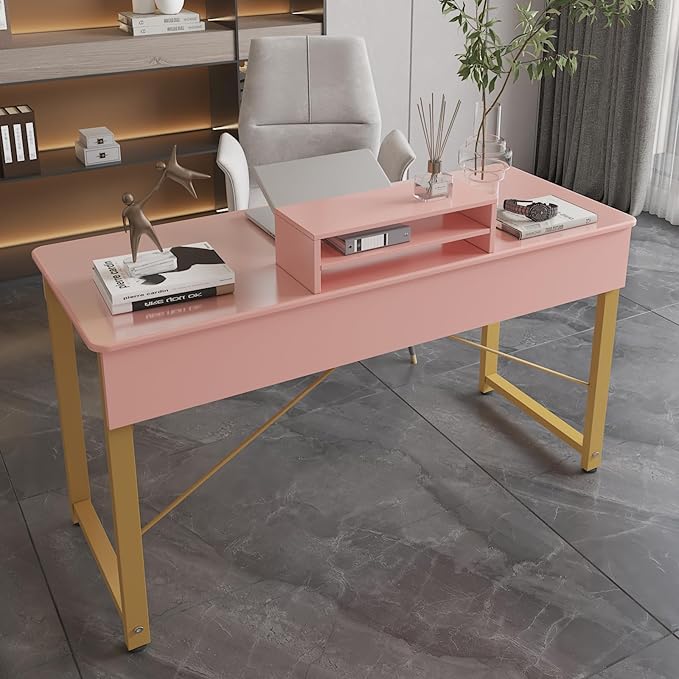 WESTREE Vanity Desk with 2 Drawers and Storage Shelf, Modern Makeup Table with Glossy Desktop, Gold Metal Frame Writing Desk for Bedroom or Home Office, No Mirror