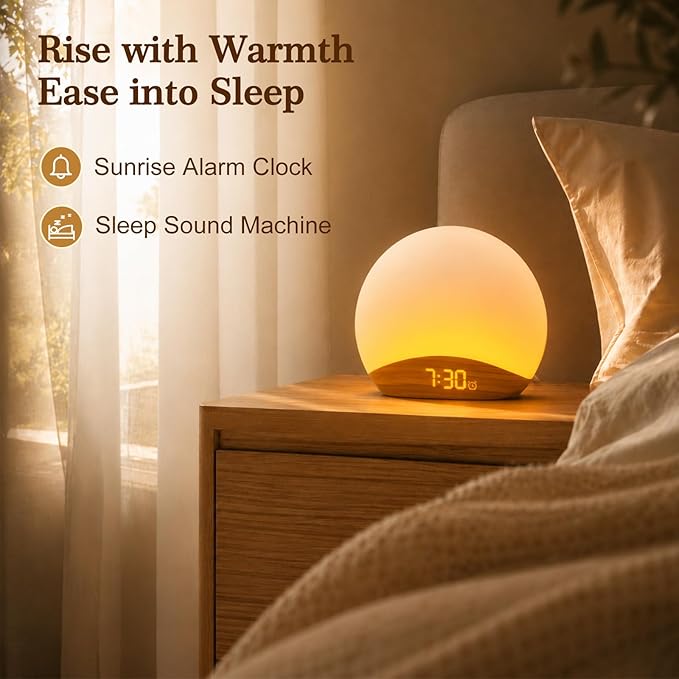 REACHER Wood Grain Sunrise Alarm Clock and Sound Machine Nightlight, Digital Dimmable Clock for Bedroom, 26 Sleep Sounds, White Noise Machine for Baby, Adults, Wake Up Light Alarm Clock for Kids