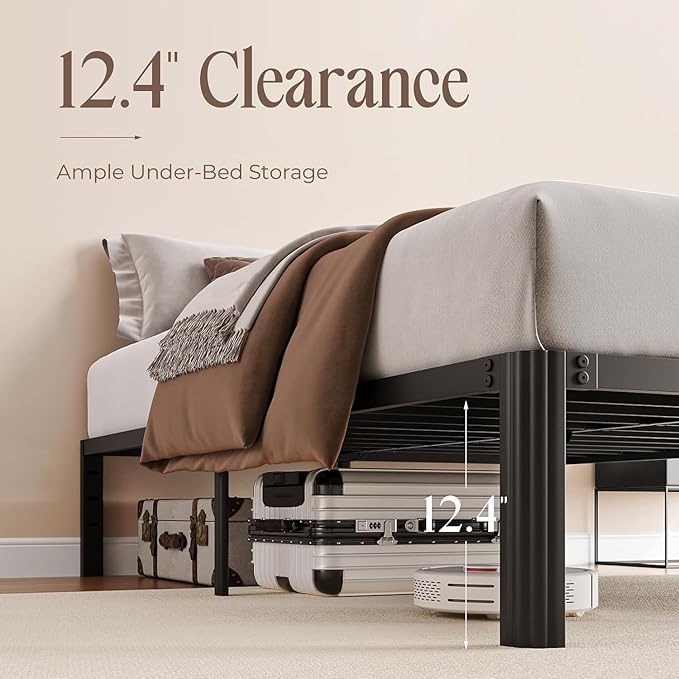 14 Inch Metal Bed Frame Full Size, Heavy Duty Balck Platform Full Size Bed Frame with Round Corner Legs, Mattress Slide Stopper, No Box Spring Needed, Easy Assembly