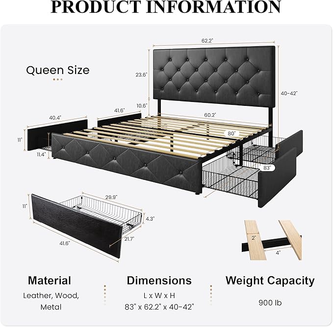 SHA CERLIN Upholstered Queen Platform Storage Bed Frame with 4 Drawers, Adjustable Headboard with Faux Leather Diamond Button Tufted Design, Wooden Slat Support, No Box Spring Needed, Black