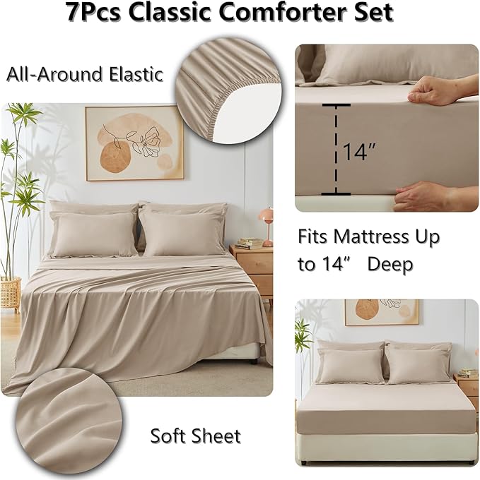 CozyLux Queen Comforter Set Wheat - Bed in a Bag Queen Size 7 Pieces, Luxury Soft Bed Set for All Seasons, Bedding Set with Down Alternative Comforter, Sheets, Pillowcases & Shams