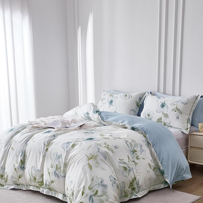 OAITE Duvet Cover Set Queen Size Floral Pattern 500 Thread Count Ultra Soft 100% Cotton Duvet Cover Sets 3-PC, Breathable Duvet Cover with Zipper Closure & Corner Ties