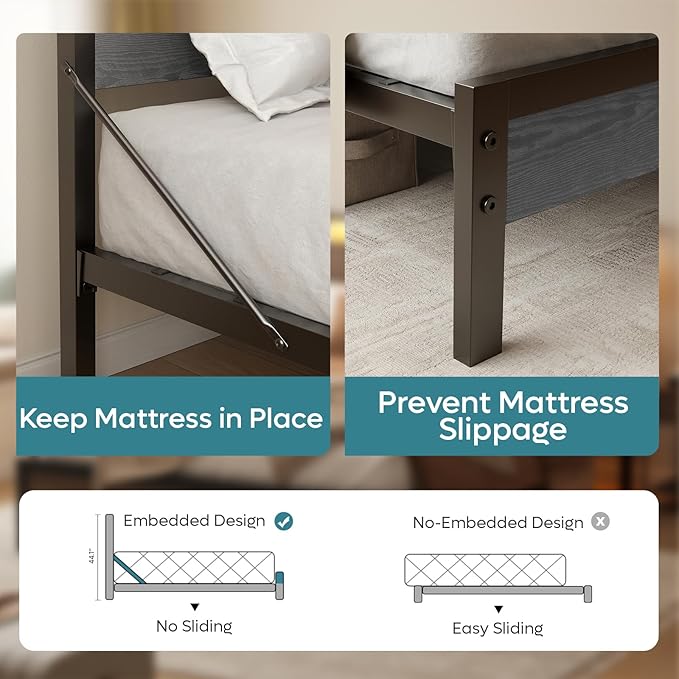 Bestier Queen Bed Frame with Headboard and Charging Station,Platform Bed Frame with LED Light, Non-Slip Metal Bed Frame, Noise-Free, Easy Assembly, Grey