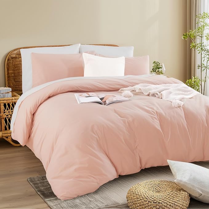 NEXHOME PRO Duvet Cover Set 100% Washed Cotton Full Size Linen Feel Textured Organic Natural 3 Pieces Bedding Set with Zipper Closure and Corner Ties, Breathable Dusty Pink (No Comforter)